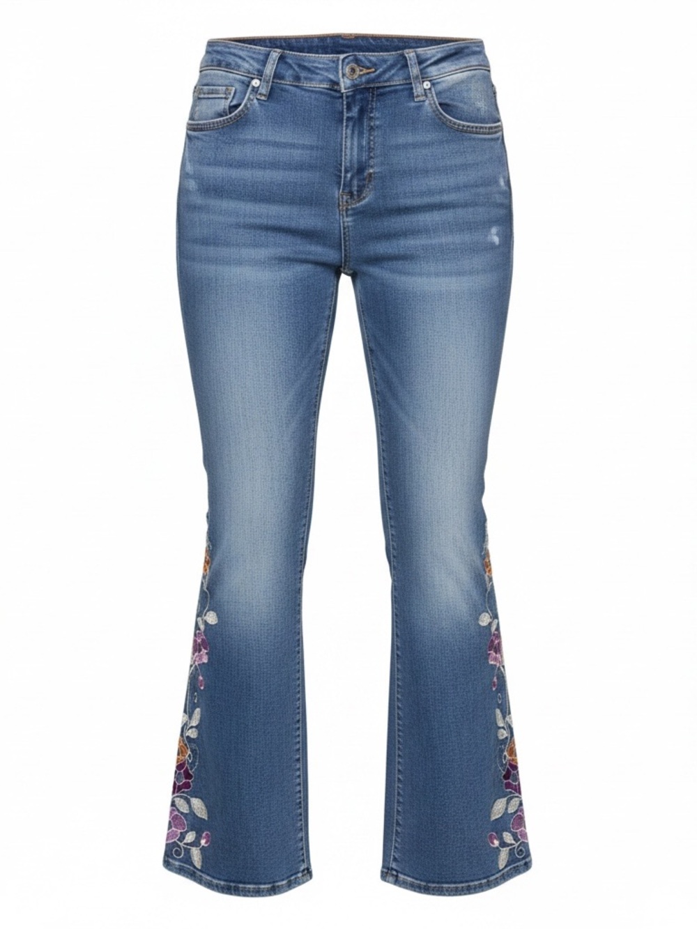 Embroidered Light Blue Flare Jeans with Floral Detail